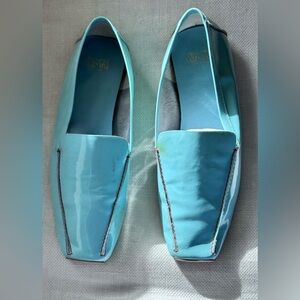 FRANCIS VALENTINE Aqua Patent Leather Square Toe Loafers Size 7B Made in Italy